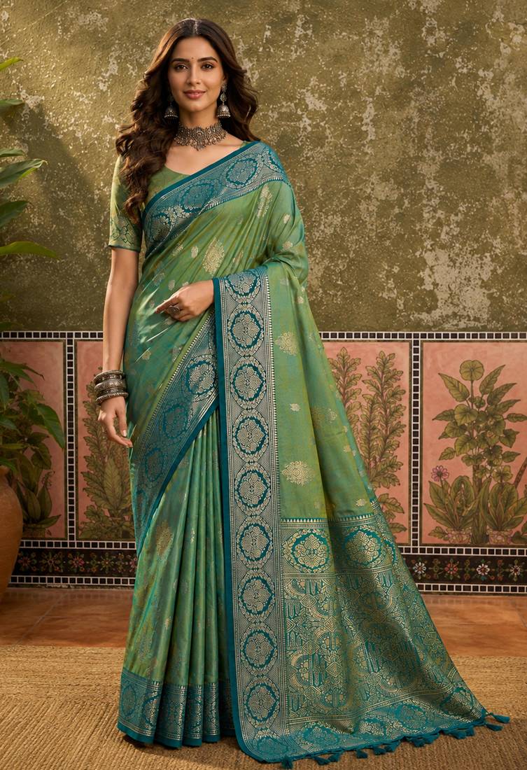 sangam prints green soft silk blend woven work traditional saree