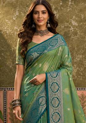 sangam prints green soft silk blend woven work traditional saree 2