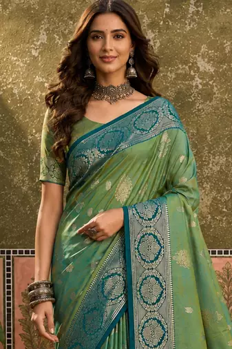 sangam prints green soft silk blend woven work traditional saree