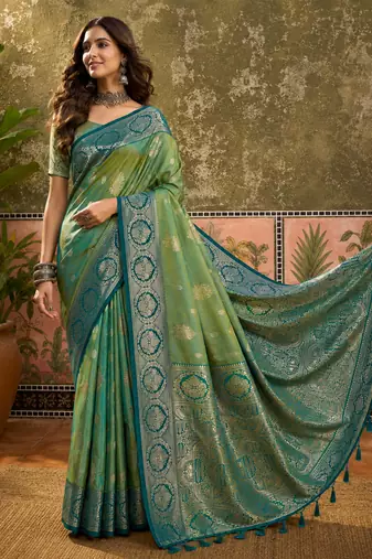 sangam prints green soft silk blend woven work traditional saree
