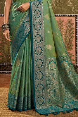 sangam prints green soft silk blend woven work traditional saree 4
