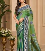 sangam prints green soft silk blend woven work traditional saree