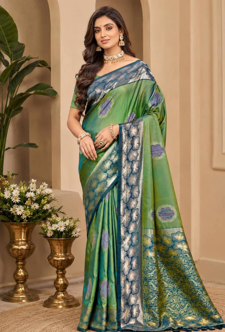sangam prints green soft silk blend woven work traditional saree