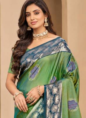 sangam prints green soft silk blend woven work traditional saree 2