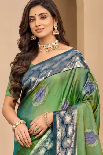 sangam prints green soft silk blend woven work traditional saree