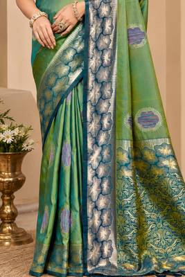 sangam prints green soft silk blend woven work traditional saree 3