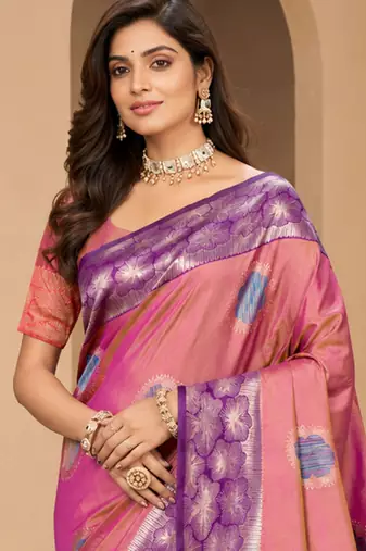 sangam prints dusty rose pink soft silk blend woven work traditional saree