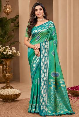 sangam prints emerald green soft silk blend woven work traditional saree 1