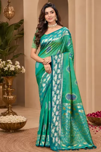 sangam prints emerald green soft silk blend woven work traditional saree