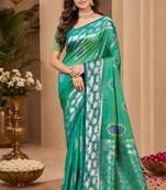 sangam prints emerald green soft silk blend woven work traditional saree