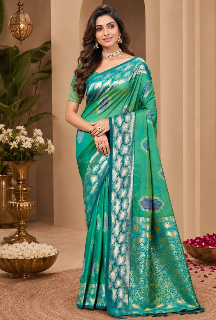 sangam prints emerald green soft silk blend woven work traditional saree