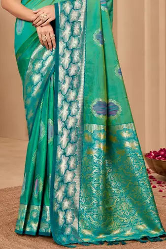 sangam prints emerald green soft silk blend woven work traditional saree