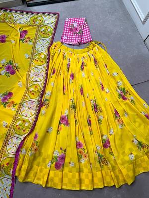 Women Yellow Floral Georgette Lehenga Choli Set with Pink Handwork Blouse Piece 5