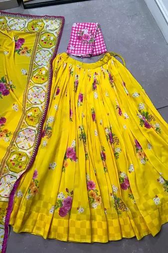 Women Yellow Floral Georgette Lehenga Choli Set with Pink Handwork Blouse Piece