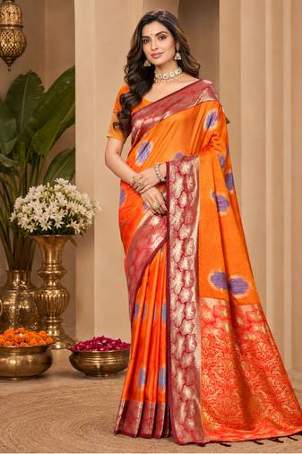 sangam prints bright orange soft silk blend woven work traditional saree