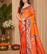 sangam prints bright orange soft silk blend woven work traditional saree