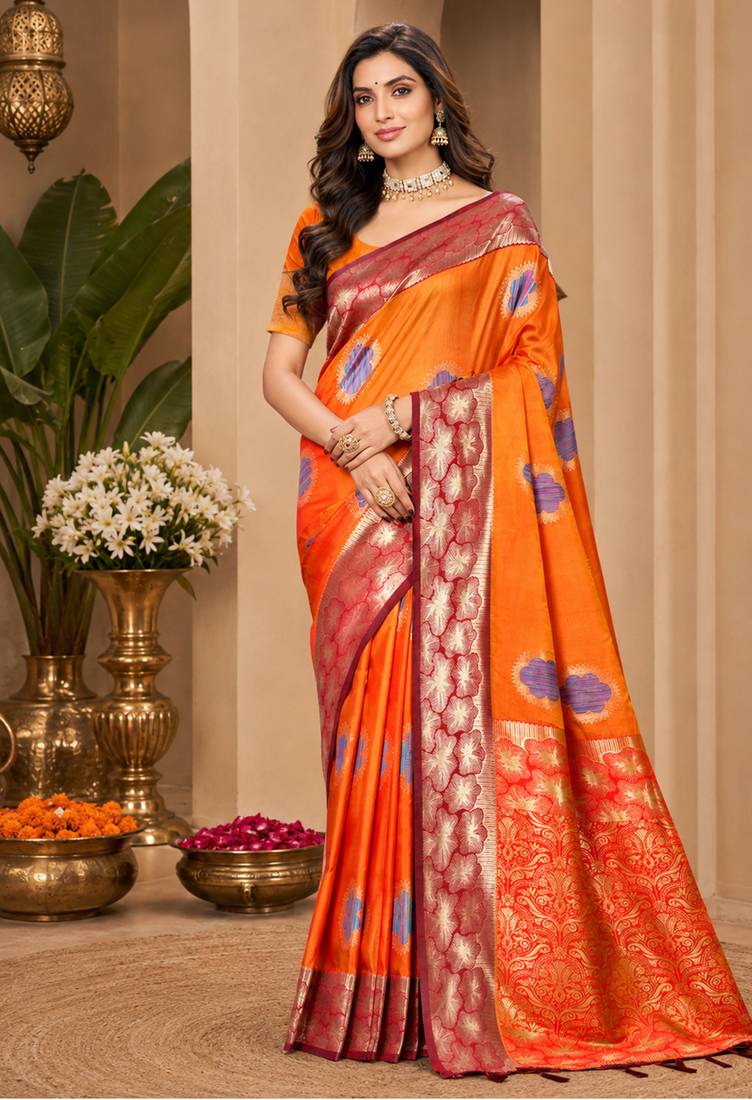 sangam prints bright orange soft silk blend woven work traditional saree