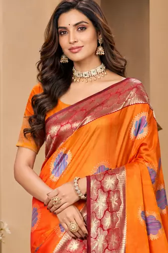 sangam prints bright orange soft silk blend woven work traditional saree