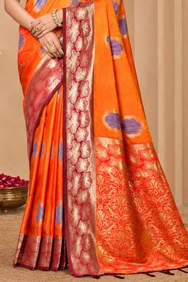sangam prints bright orange soft silk blend woven work traditional saree 3