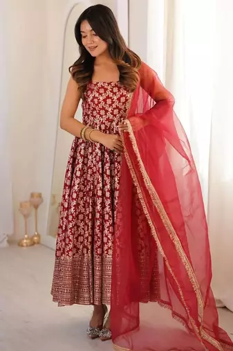 women's chanderi woven motiff anarkali kurta pant with dupatta set