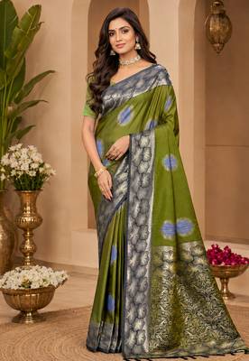 sangam prints olive green soft silk blend woven work traditional saree 1