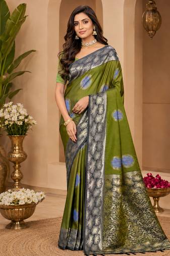 sangam prints olive green soft silk blend woven work traditional saree