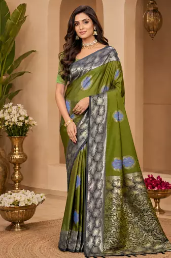 sangam prints olive green soft silk blend woven work traditional saree