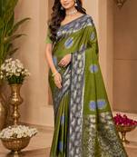 sangam prints olive green soft silk blend woven work traditional saree