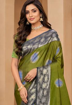 sangam prints olive green soft silk blend woven work traditional saree 2