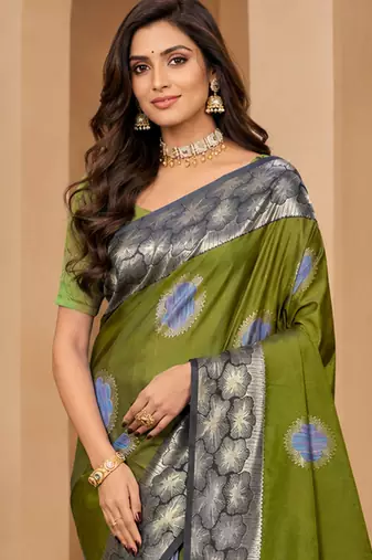 sangam prints olive green soft silk blend woven work traditional saree