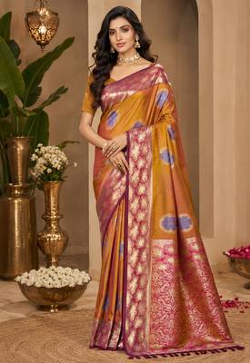 sangam prints mustard gold soft silk blend woven work traditional saree 1