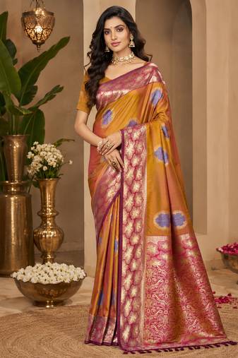 sangam prints mustard gold soft silk blend woven work traditional saree