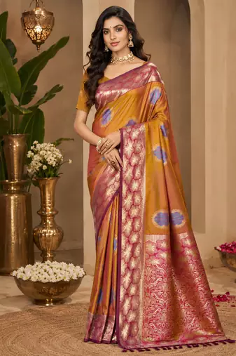 sangam prints mustard gold soft silk blend woven work traditional saree