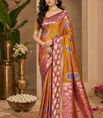 sangam prints mustard gold soft silk blend woven work traditional saree