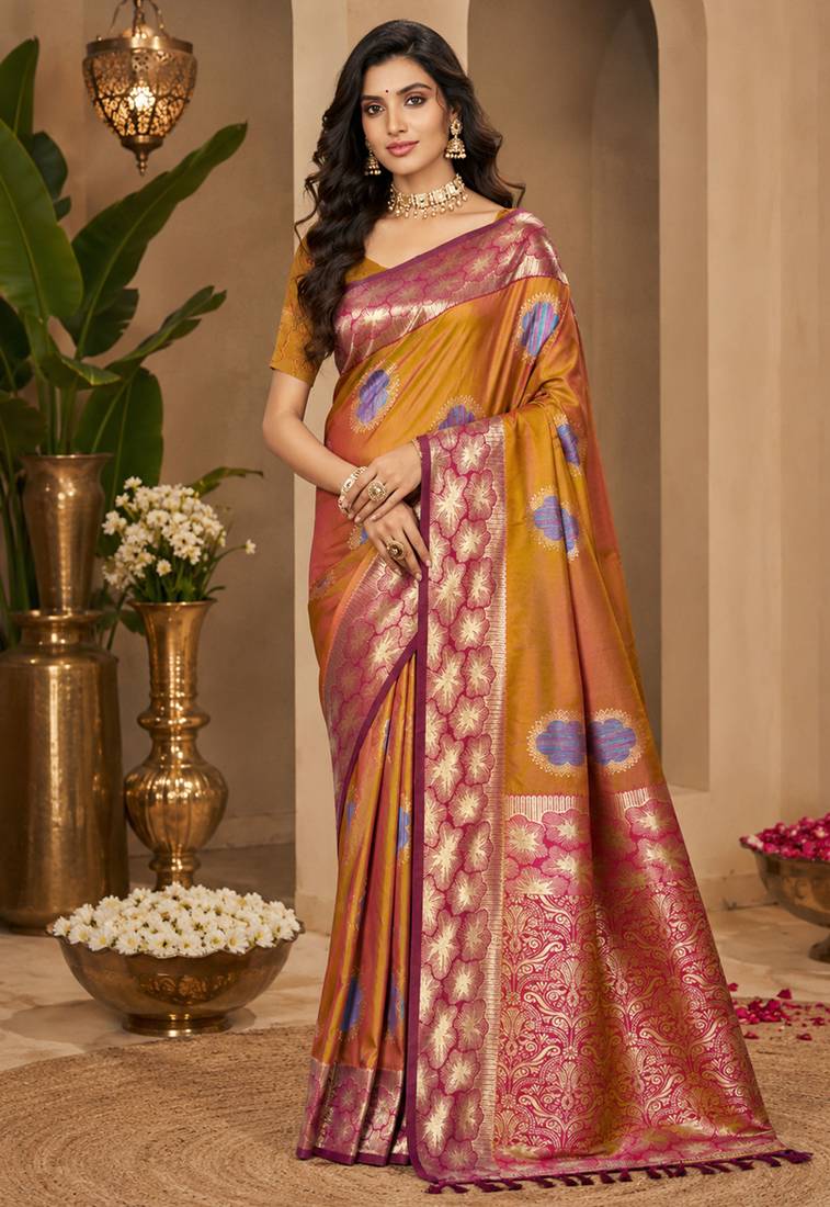 sangam prints mustard gold soft silk blend woven work traditional saree