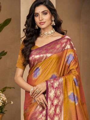 sangam prints mustard gold soft silk blend woven work traditional saree 2