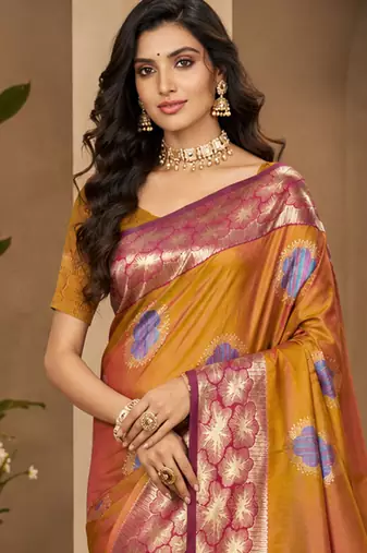 sangam prints mustard gold soft silk blend woven work traditional saree