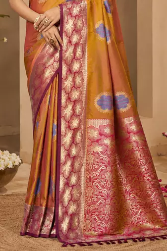 sangam prints mustard gold soft silk blend woven work traditional saree