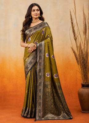 sangam prints olive green soft silk blend woven work traditional saree 1
