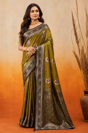 sangam prints olive green soft silk blend woven work traditional saree