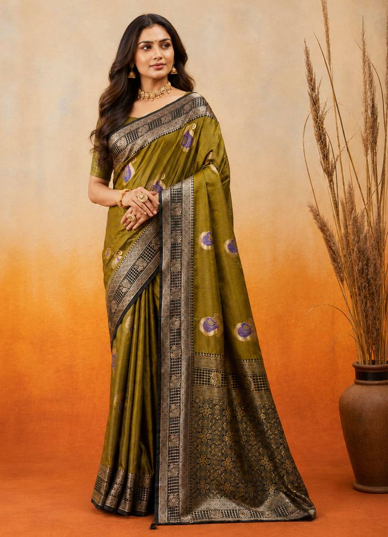 sangam prints olive green soft silk blend woven work traditional saree
