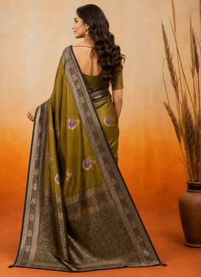 sangam prints olive green soft silk blend woven work traditional saree 2