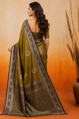 sangam prints olive green soft silk blend woven work traditional saree