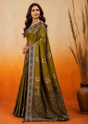 sangam prints olive green soft silk blend woven work traditional saree 3