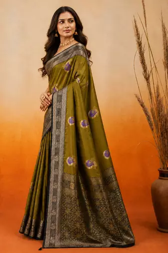 sangam prints olive green soft silk blend woven work traditional saree