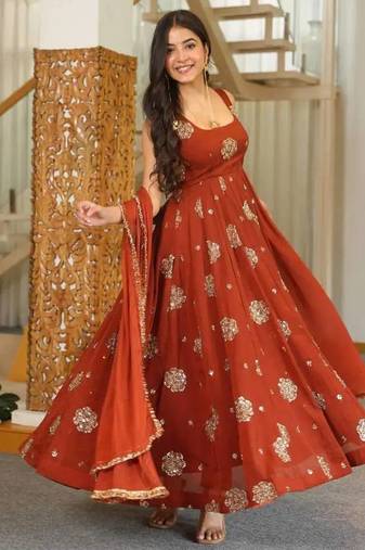 Rust orange embroidered flared anarkali gown with dupatta