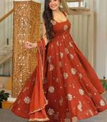 Rust orange embroidered flared anarkali gown with dupatta