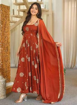 Rust orange embroidered flared anarkali gown with dupatta 3