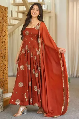 Rust orange embroidered flared anarkali gown with dupatta