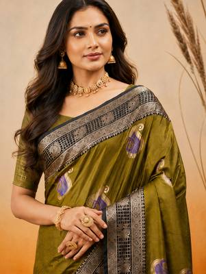 sangam prints olive green soft silk blend woven work traditional saree 4